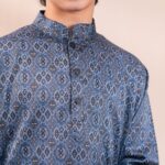 Classic Navy Blue Motif Panjabi + White Payjama - Image 2