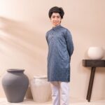 Classic Navy Blue Motif Panjabi + White Payjama