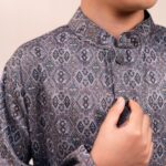 Classic Charcoal Grey Motif Panjabi + White Payjama - Image 2