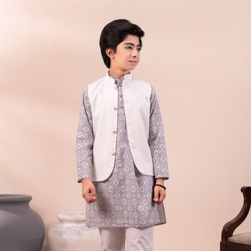 41 Classic Waistcoat Grey Panjabi Set- 3Pcs - Image 1