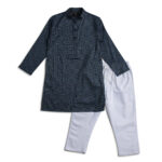 Classic Navy Blue Motif Panjabi + White Payjama - Image 4