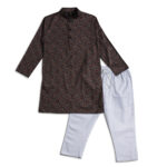 Classic Charcoal Grey Motif Panjabi + White Payjama - Image 3